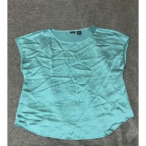 Tahari Women's Large Blouse Teal Blue Satin Short Sleeve‎ Round Neck Casual Top